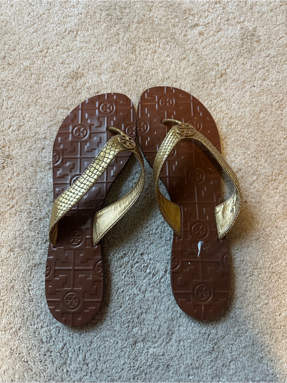 Tory Burch Gold Metallic Strap Brown Embossed Flip Flop Sandals